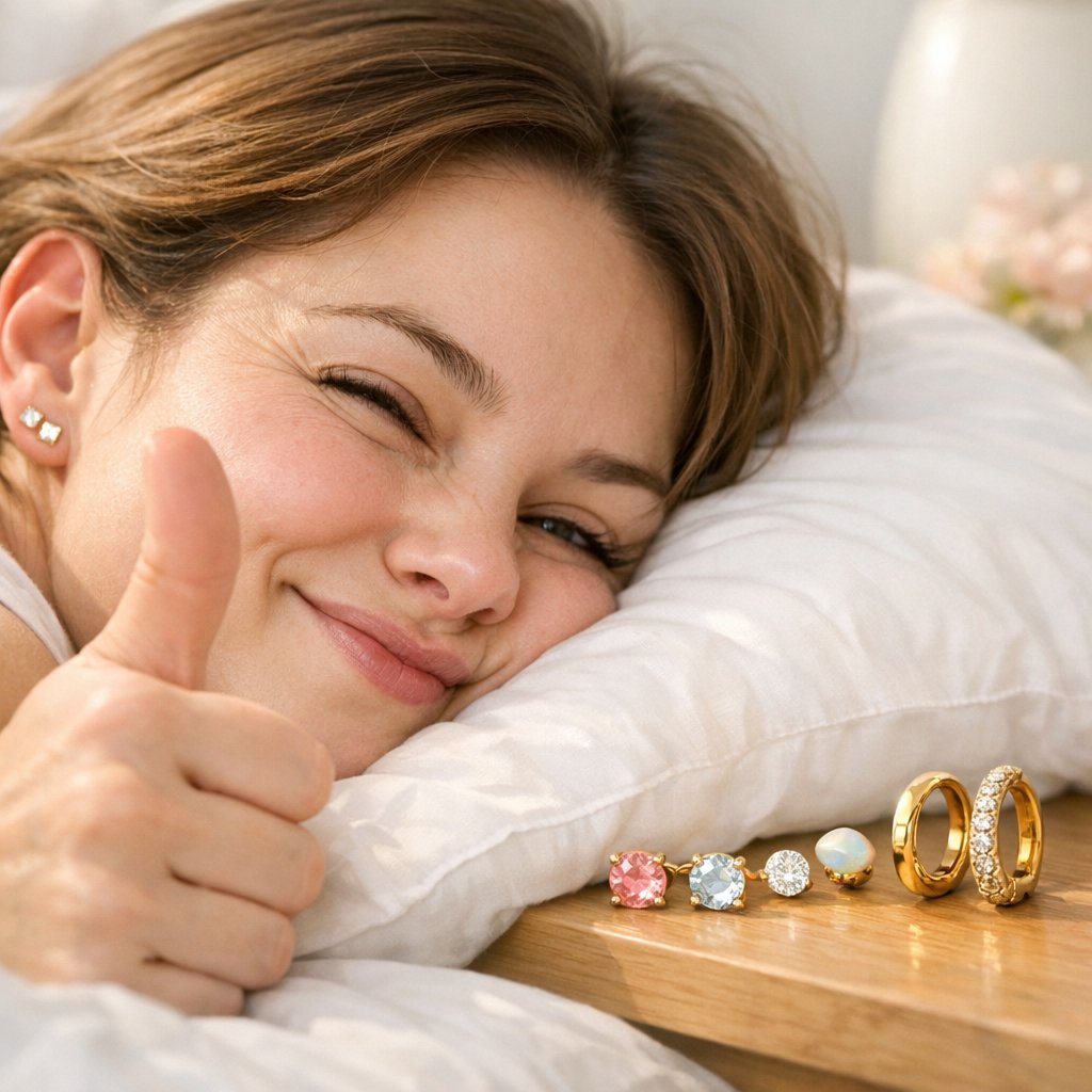 A woman sleeping comfortably on her side, with a close-up detail of a small, sparkling flat-back stud earring in her earlobe.