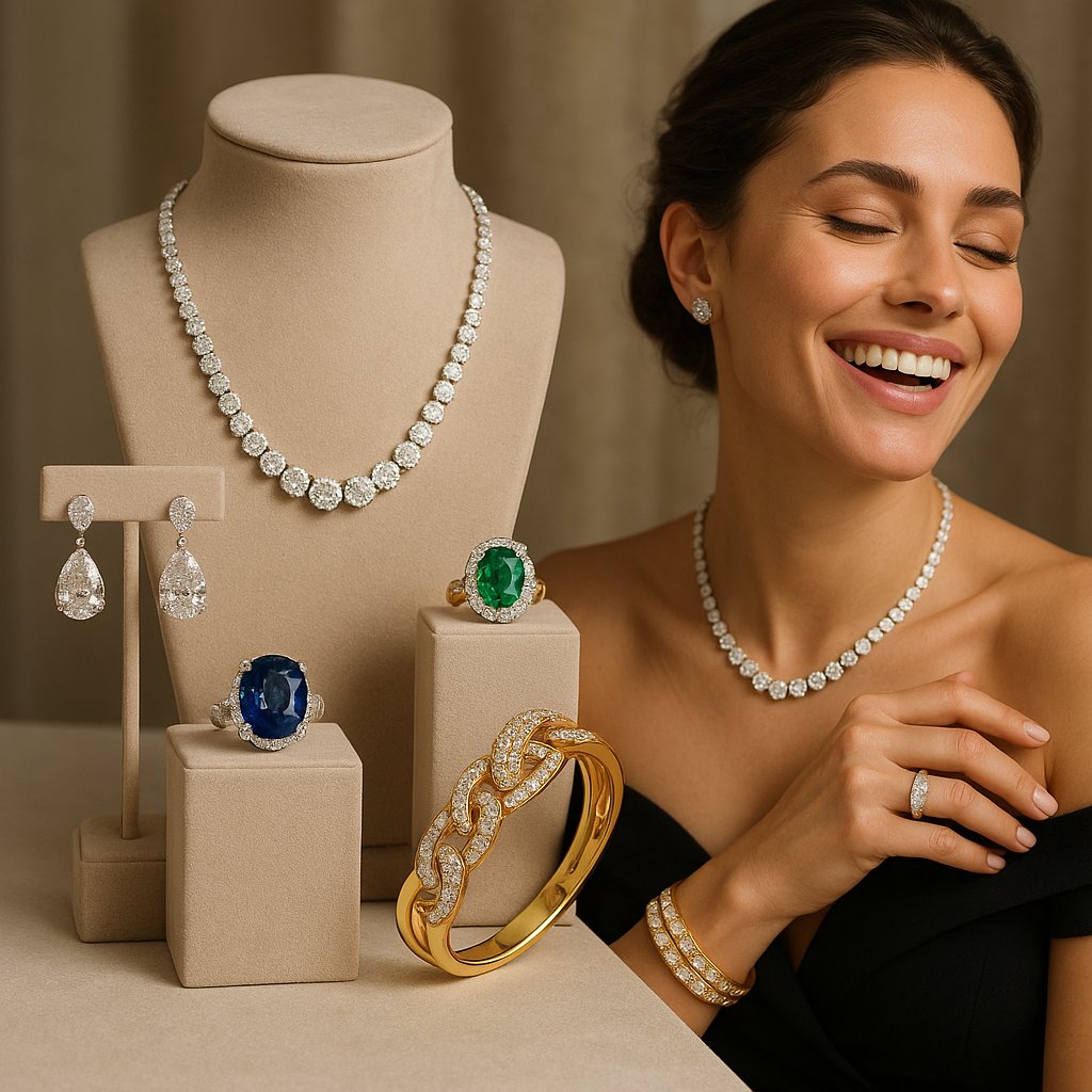 Luxury designer jewelry collection featuring rings, necklaces, and bracelets from top brands like Cartier and Bulgari