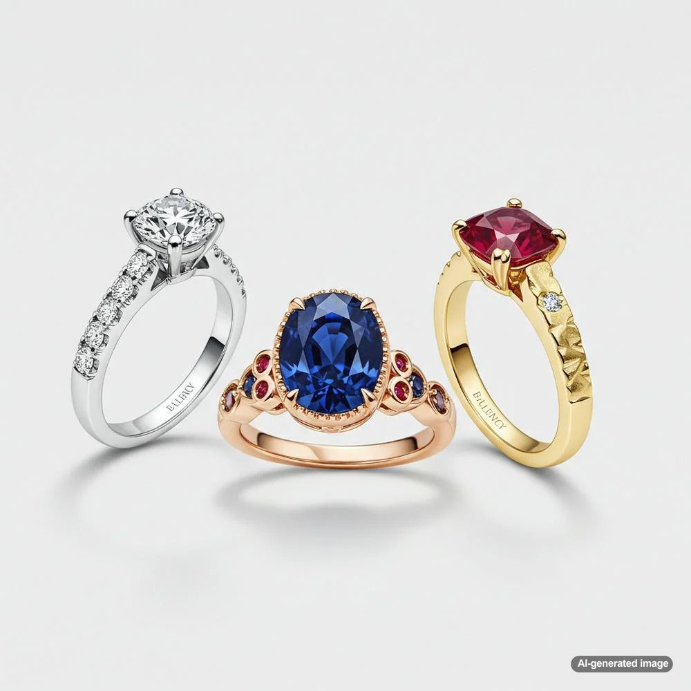 Various durable gemstones for everyday wear including diamonds, sapphires, and rubies.