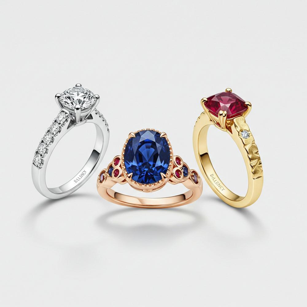 Various durable gemstones for everyday wear including diamonds, sapphires, and rubies.