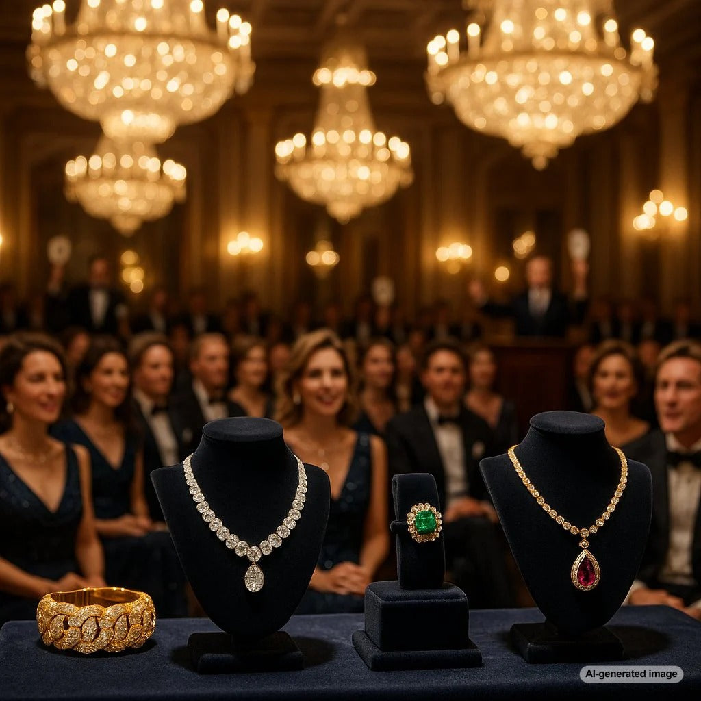 Exclusive jewelry auction featuring rare diamond necklaces, vintage rings, and luxury gemstones under dramatic lighting