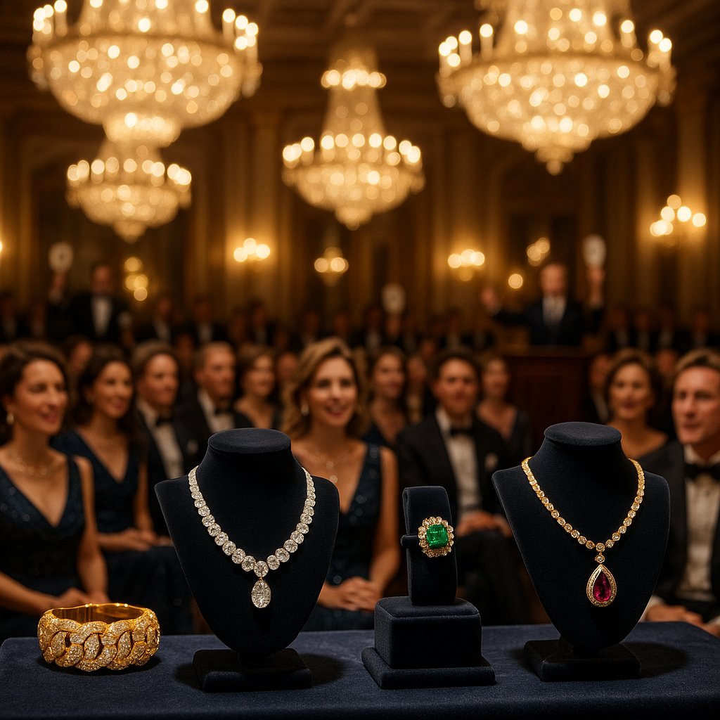 Exclusive jewelry auction featuring rare diamond necklaces, vintage rings, and luxury gemstones under dramatic lighting
