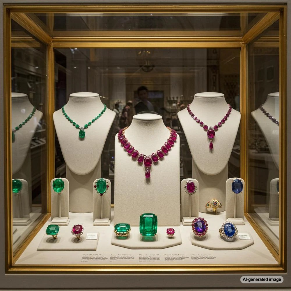 A stunning collection of the world's most expensive gemstones, including diamonds, sapphires, and jadeite, showcased in luxurious jewelry settings.