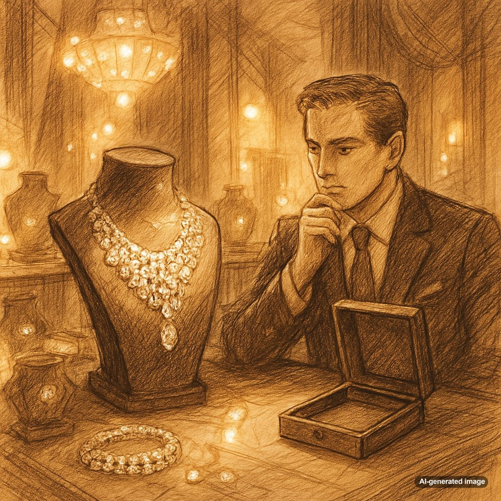 Illustration of a magnificent large rose-cut diamond necklace against a dark velvet background, representing the lost Great Mughal Diamond