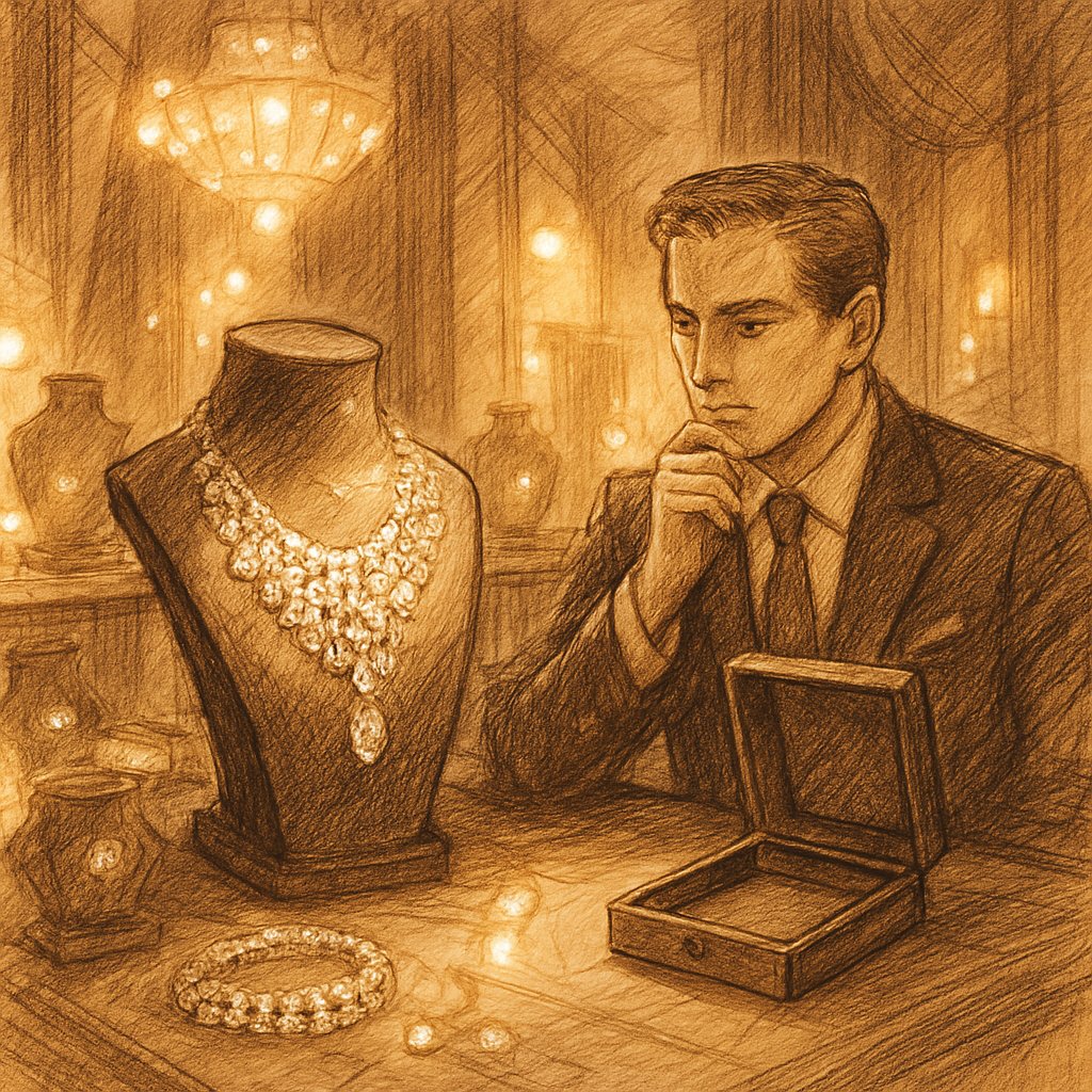 Illustration of a magnificent large rose-cut diamond necklace against a dark velvet background, representing the lost Great Mughal Diamond