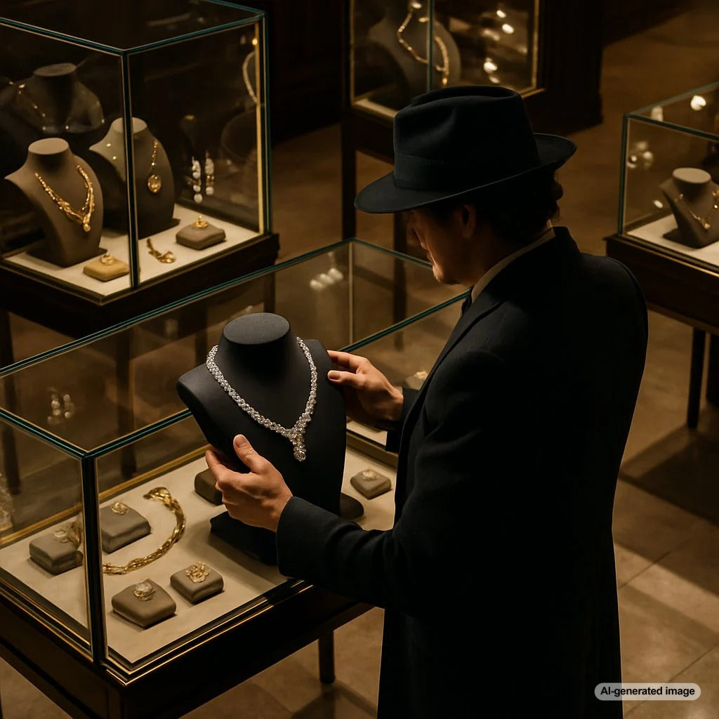 A dramatic image of a glass display case shattered, with sparkling diamonds and jewels scattered, symbolizing famous jewelry heists.