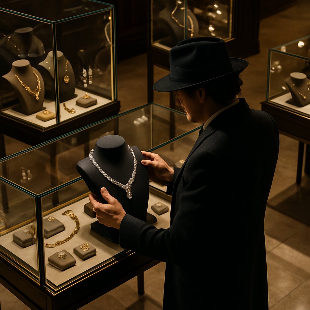 A dramatic image of a glass display case shattered, with sparkling diamonds and jewels scattered, symbolizing famous jewelry heists.