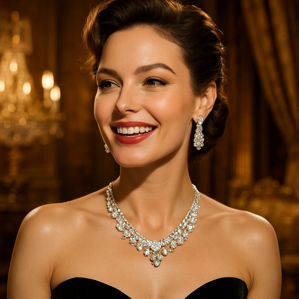 Collage of iconic movie jewelry pieces including a blue diamond necklace, pearl strands, and a ruby choker on a velvet background