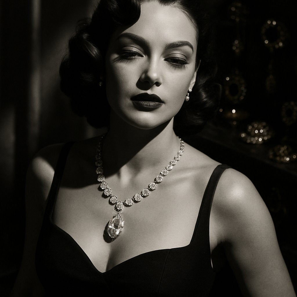 Vintage film noir inspired jewelry collection featuring diamond bracelets, cocktail rings, and art deco pieces