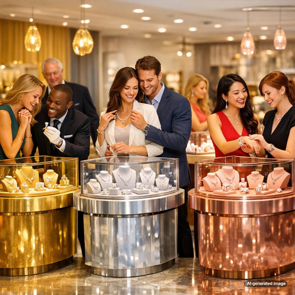 A flat lay of fine jewelry rings and bracelets in yellow gold, rose gold, and white gold on a marble background, illustrating global metal color trends