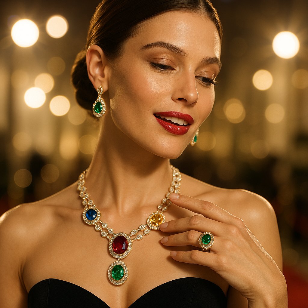 A stunning assortment of red carpet-inspired diamond and gemstone jewelry including necklaces, earrings, and bracelets from Robinson's Jewelers