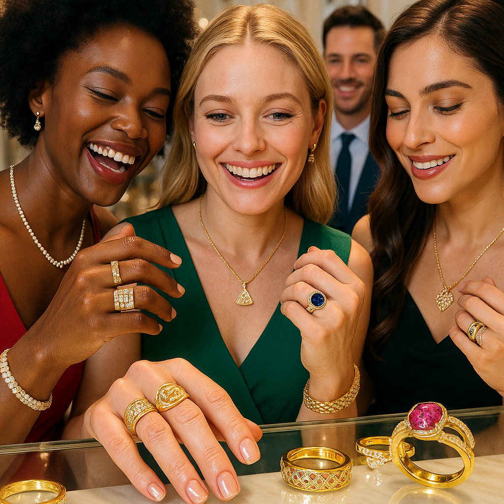 Woman admiring jewelry with hidden messages and secret engravings at Robinson's Jewelers