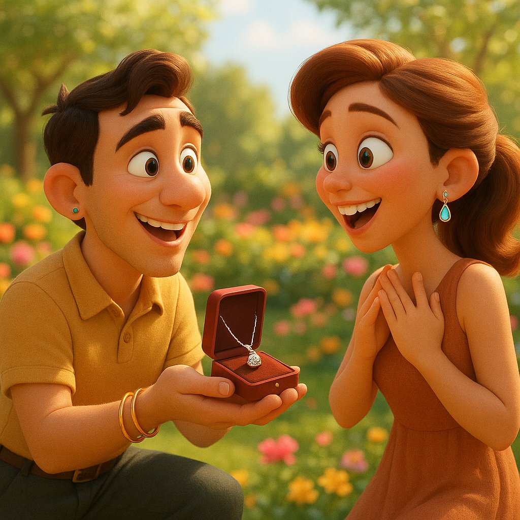 Couple celebrating engagement with alternative jewelry proposal&mdash;necklace, bracelet, and earrings displayed romantically