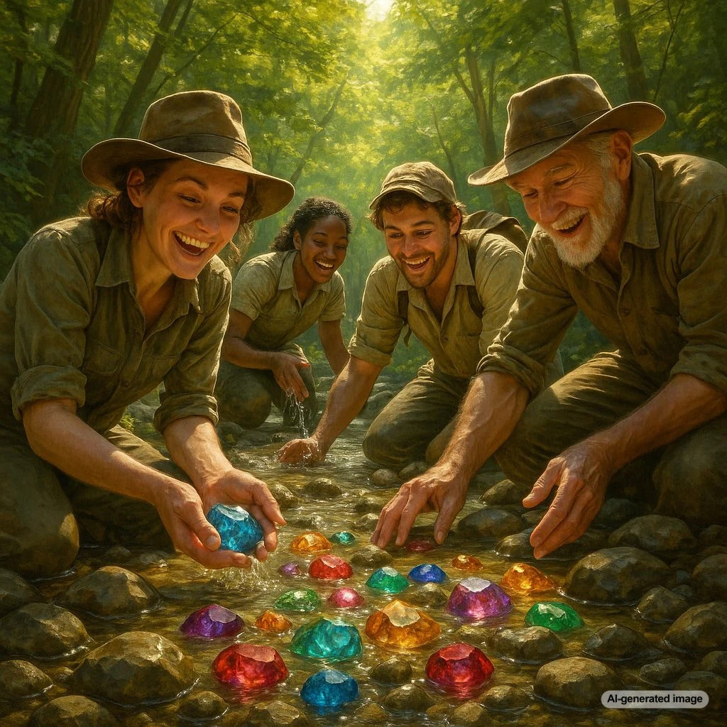 A collection of rare and unusual gemstones in their raw forms, including peridot, ammolite, and fire opal, alongside finished jewelry pieces from Robinson's Jewelers