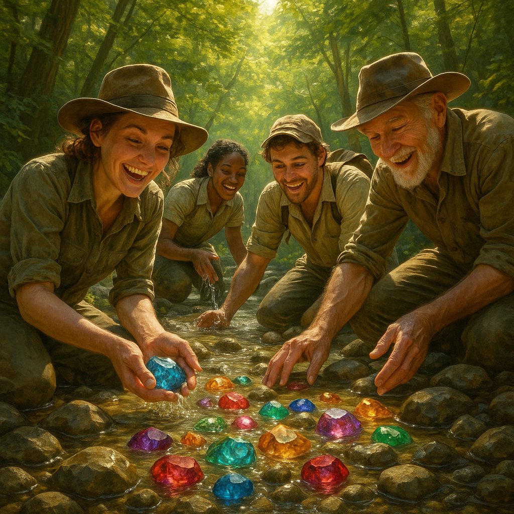 A collection of rare and unusual gemstones in their raw forms, including peridot, ammolite, and fire opal, alongside finished jewelry pieces from Robinson's Jewelers