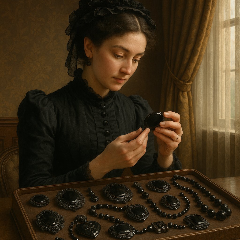 Victorian mourning jewelry collection featuring jet brooches, black enamel lockets, and hair work pieces from the Victorian era