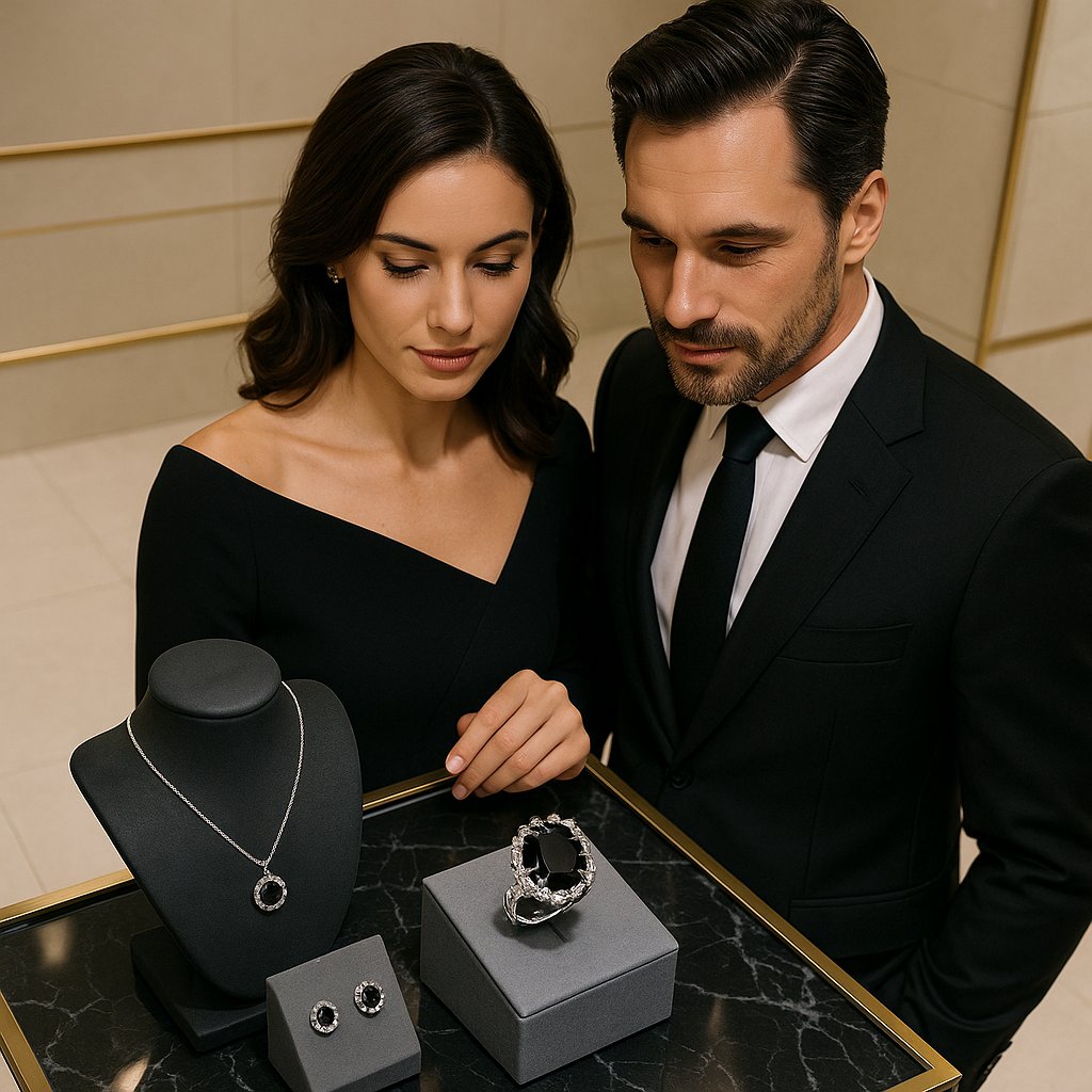 A stunning close-up of a black diamond ring set in rose gold, showcasing its deep, opaque beauty and modern elegance.