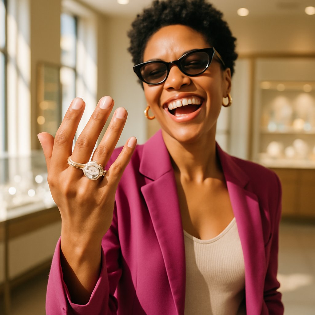 A modern woman confidently wearing a stunning diamond right-hand ring, symbolizing self-love and independence.