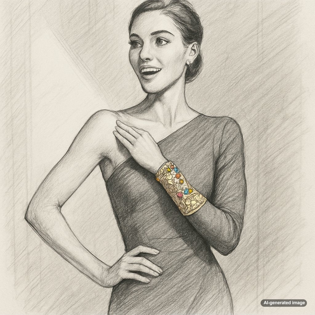 Woman wearing elegant one-sleeve black top with stunning gold cuff bracelet creating perfect asymmetrical balance