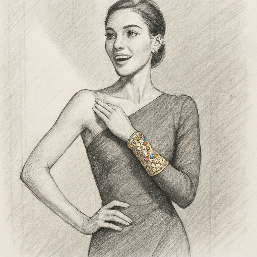 Woman wearing elegant one-sleeve black top with stunning gold cuff bracelet creating perfect asymmetrical balance