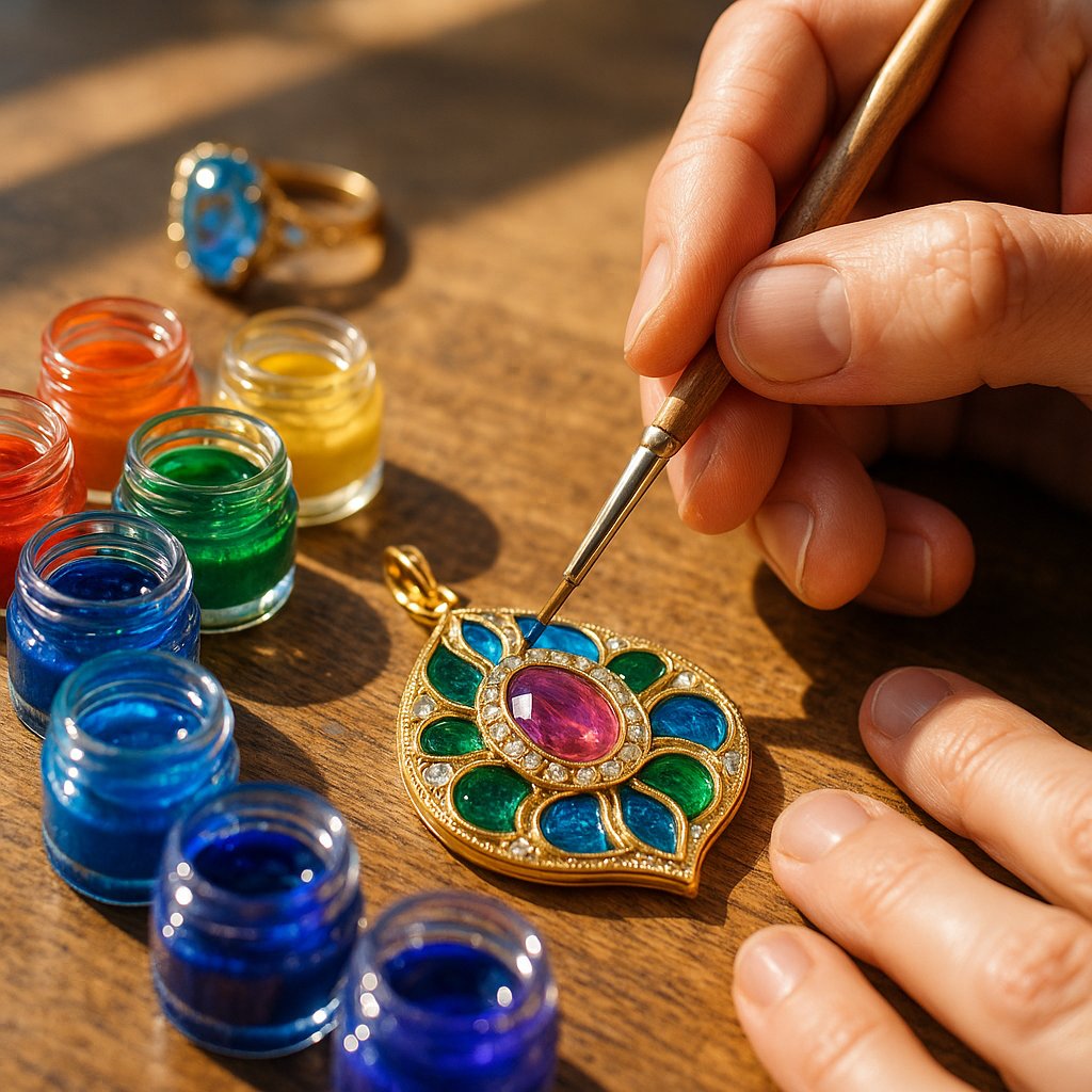 Vibrant enamel jewelry pieces showcasing colorful designs on precious metals at Robinson's Jewelers