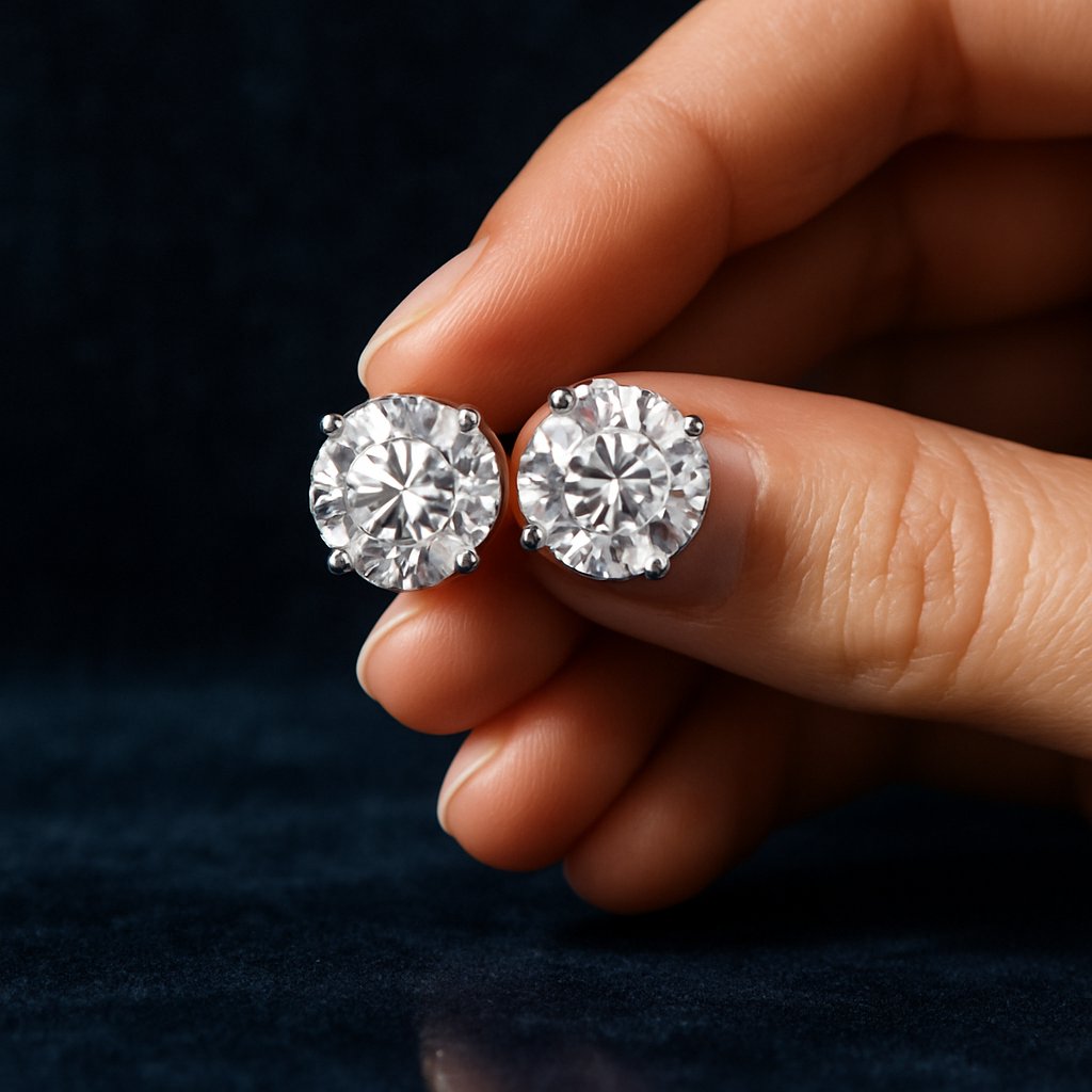 Close-up of dazzling diamond stud earrings showcasing brilliant cuts and elegant settings