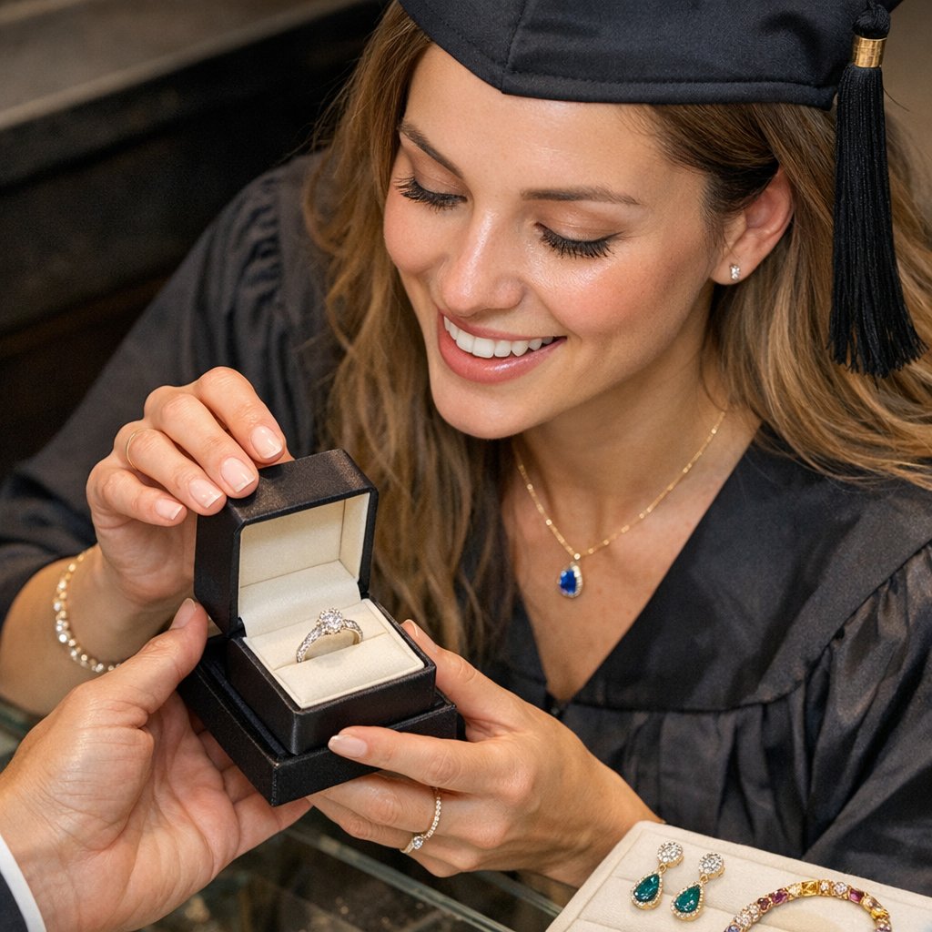 A modern graduation gift guide featuring colorful gemstone rings, a contemporary locket necklace, and lab-grown diamond earrings displayed on a white tassel.