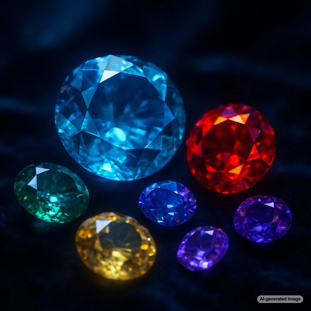 A mesmerizing collection of glowing gemstones, including opals and moonstones, illuminated in the dark to showcase their natural phosphorescence.