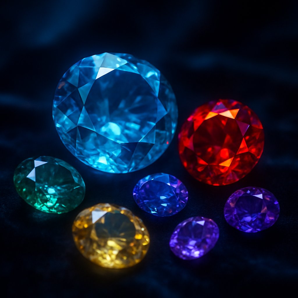 A mesmerizing collection of glowing gemstones, including opals and moonstones, illuminated in the dark to showcase their natural phosphorescence.