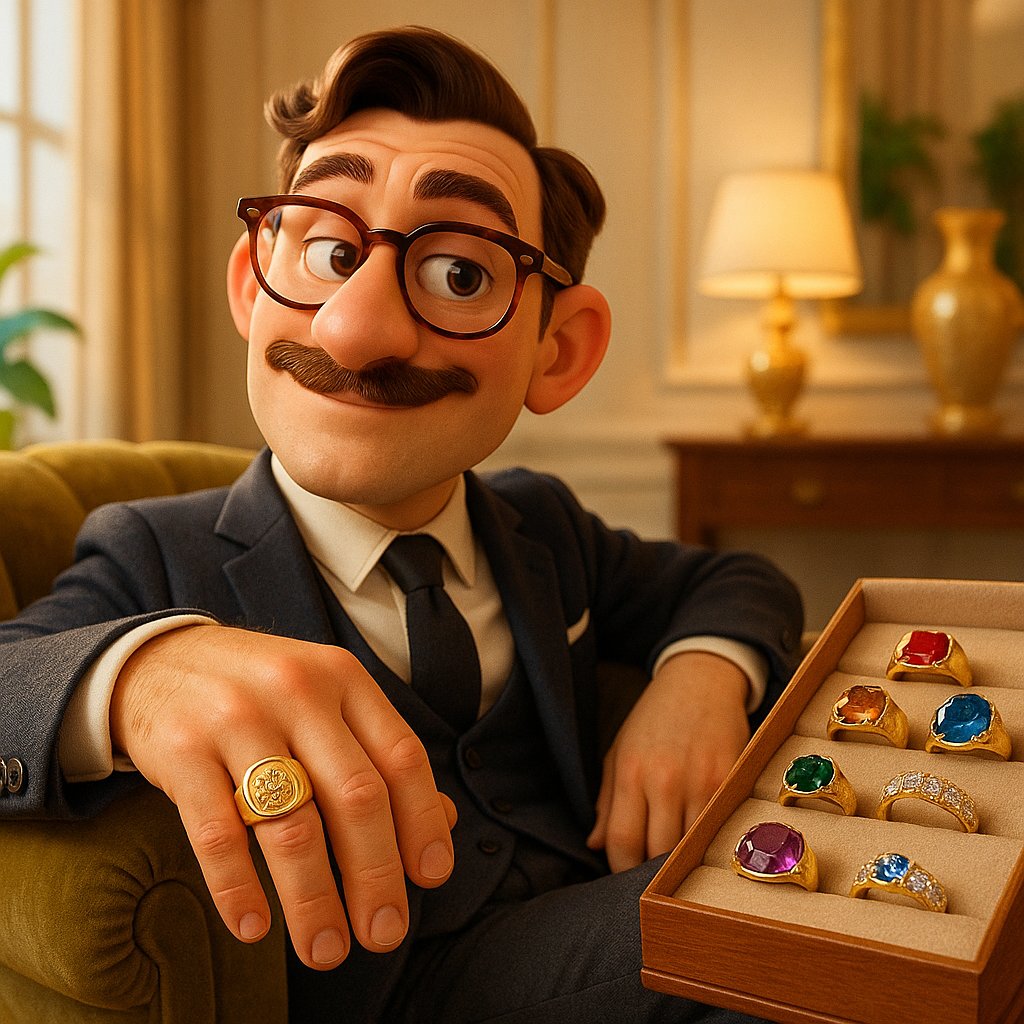 Close-up of a man's hand wearing a heavy gold signet ring engraved with an intricate family crest, resting on a vintage leather book.