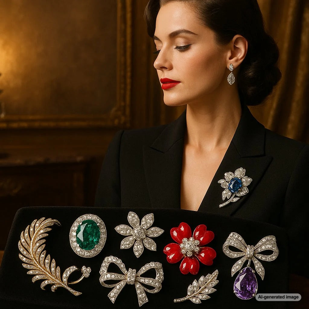 A stunning collection of modern and vintage brooches artfully arranged on velvet, showcasing their journey from classic elegance to red-carpet glamour.