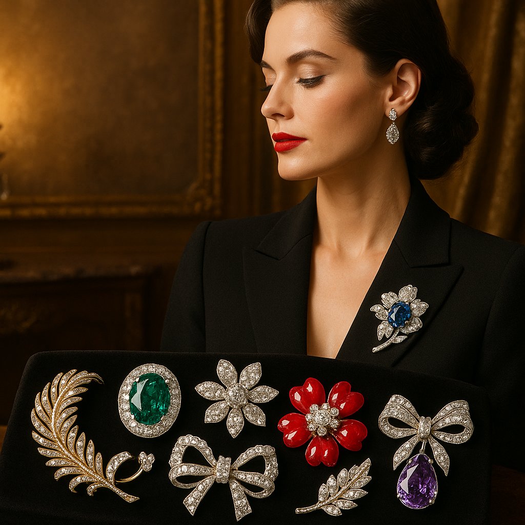 A stunning collection of modern and vintage brooches artfully arranged on velvet, showcasing their journey from classic elegance to red-carpet glamour.