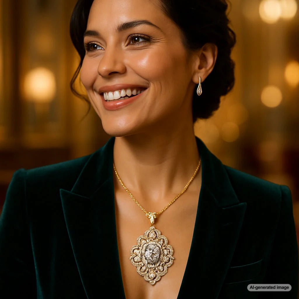 A beautiful woman wearing a stunning diamond pendant necklace, the centerpiece of her elegant outfit