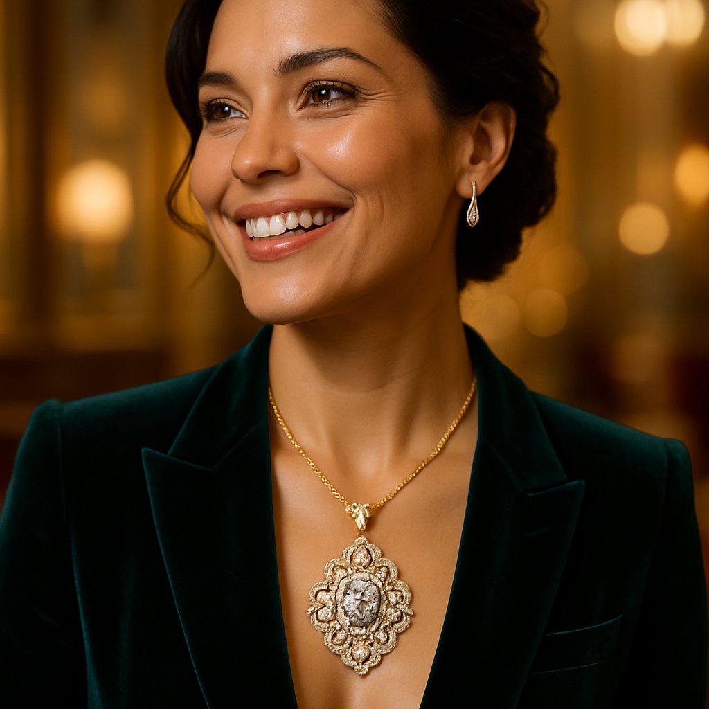 A beautiful woman wearing a stunning diamond pendant necklace, the centerpiece of her elegant outfit