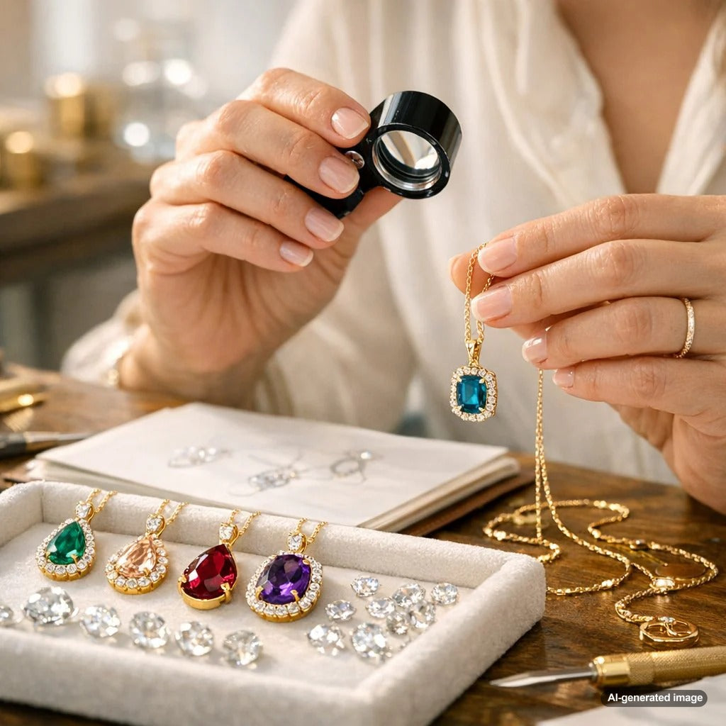 Close-up detail of an elegant gold bail securing a sparkling gemstone pendant to a delicate chain, showcasing fine jewelry craftsmanship.