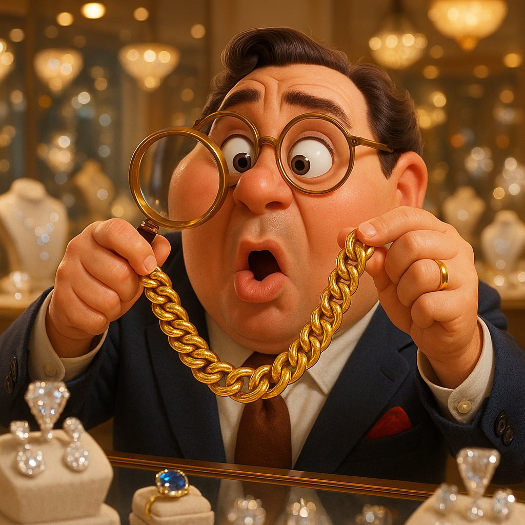 Close up shot of a gleaming gold curb link chain showcasing its twisted, interlocking links lying flat on a dark background.