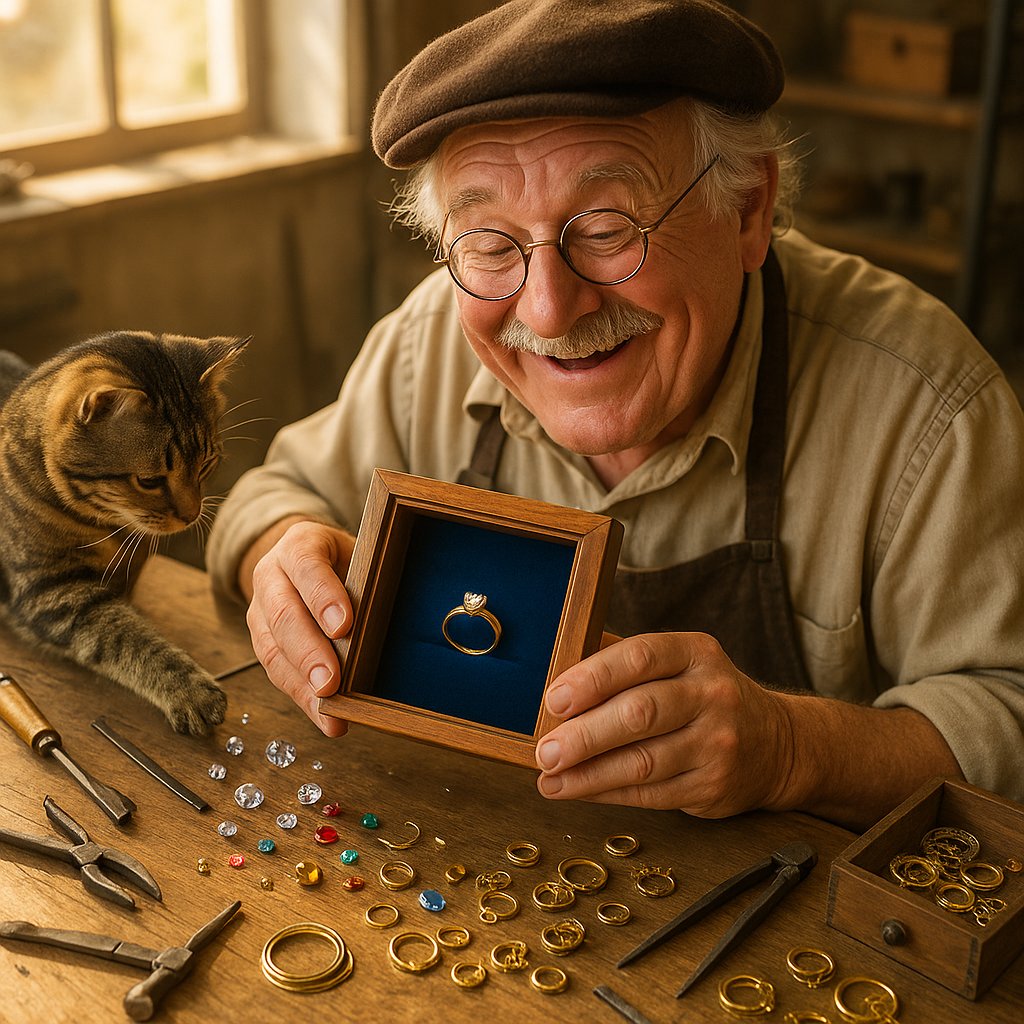 A beautifully crafted heirloom shadow box displaying an engagement ring and wedding band on silk, with a handwritten love note in the background