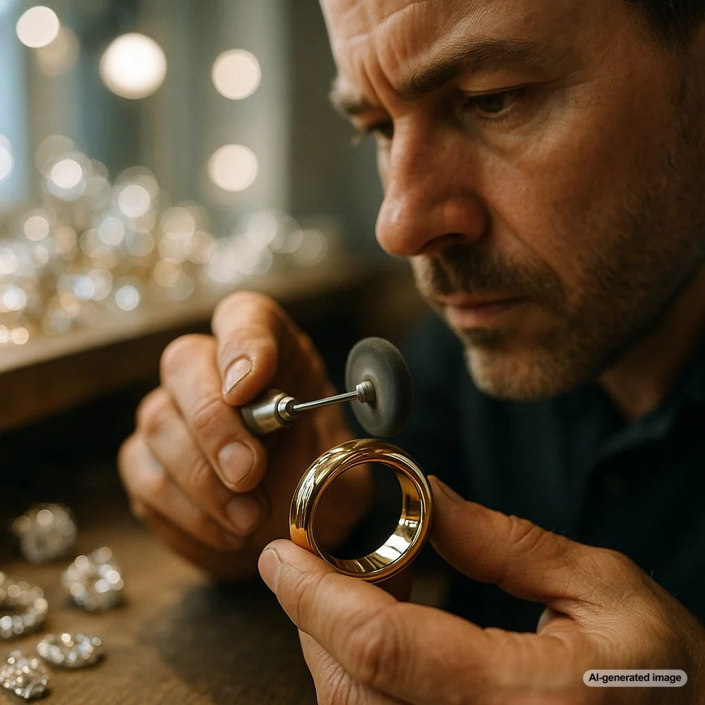 Close-up of jewelry craftsman creating mirror polish on luxury ring at Robinson's Jewelers