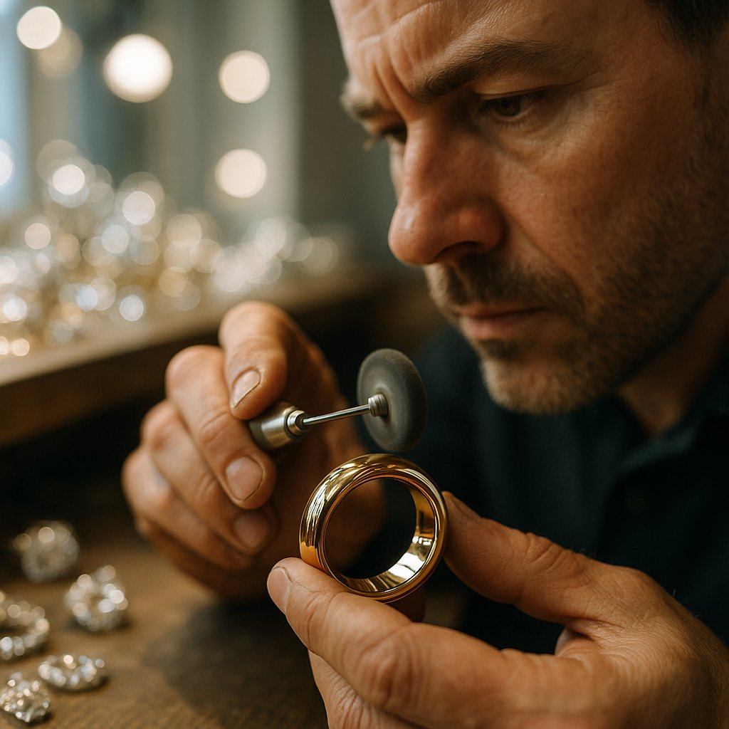 Close-up of jewelry craftsman creating mirror polish on luxury ring at Robinson's Jewelers