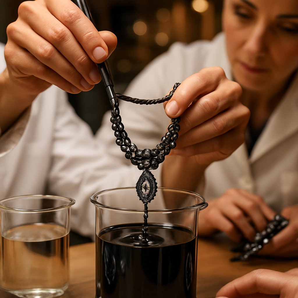 Close up image showing the stunning contrast of black rhodium plating on an intricate silver ring at Robinson's Jewelers
