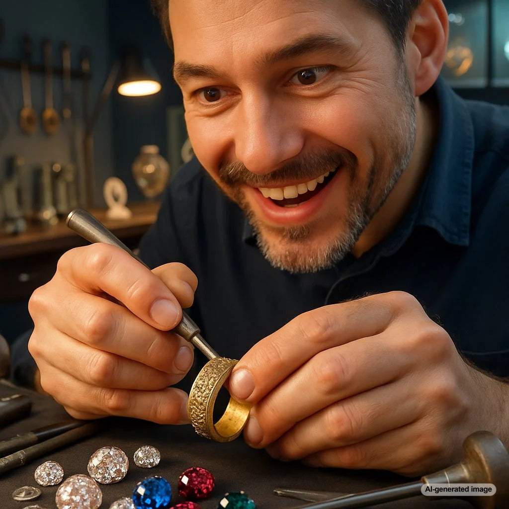 Close-up of a master jeweler hand-engraving intricate patterns on a silver signet ring at Robinson's Jewelers