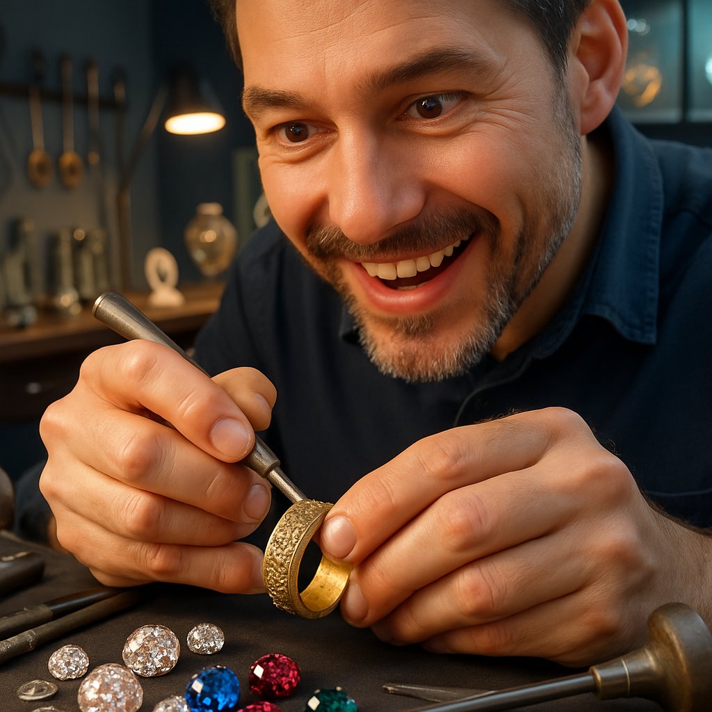 Close-up of a master jeweler hand-engraving intricate patterns on a silver signet ring at Robinson's Jewelers