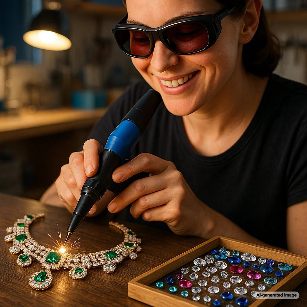 Close-up view of a jeweler using a laser welding machine to perform a precise repair on an intricate gold ring.