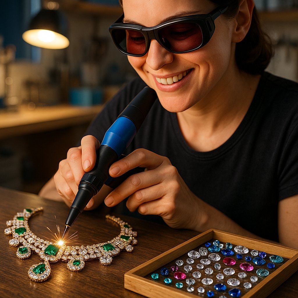 Close-up view of a jeweler using a laser welding machine to perform a precise repair on an intricate gold ring.