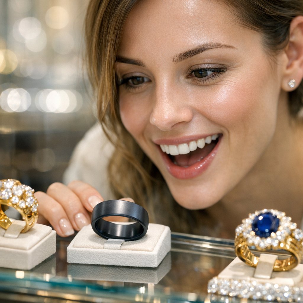 A close-up shot of a sleek, modern tantalum wedding band with a brushed finish, resting on a dark textured surface.