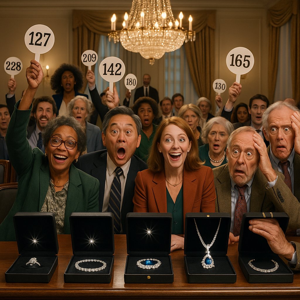 Elegant jewelry auction with bidding paddle next to sparkling diamond necklace and emerald ring