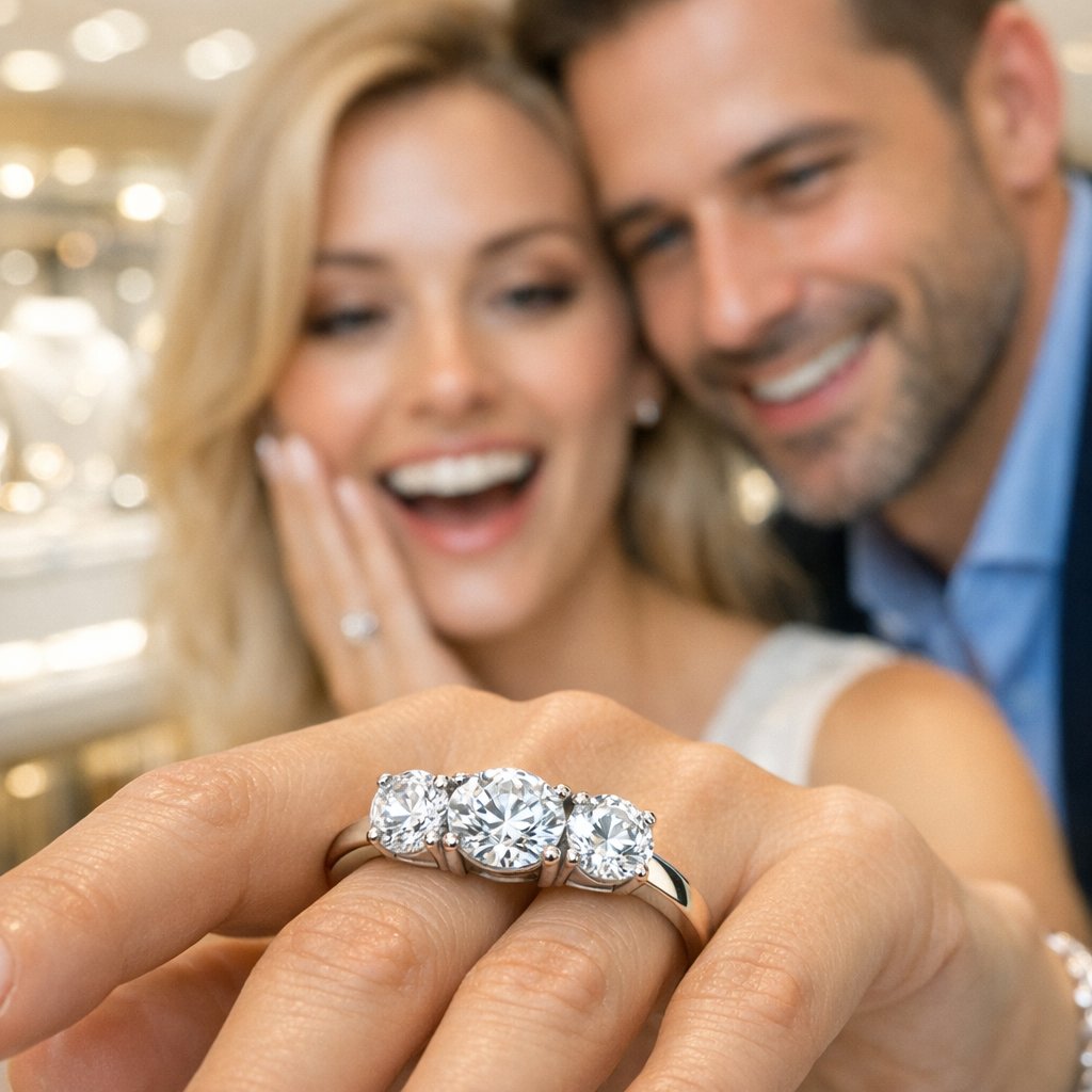 An elegant display of various three-stone engagement rings from Robinson's Jewelers, showcasing different diamond cuts and settings symbolizing past, present, and future love.