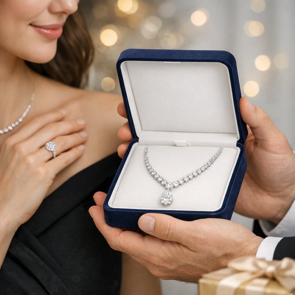 Romantic close-up of a sparkling diamond ring and pearl bracelet on an open jewelry box with a love letter