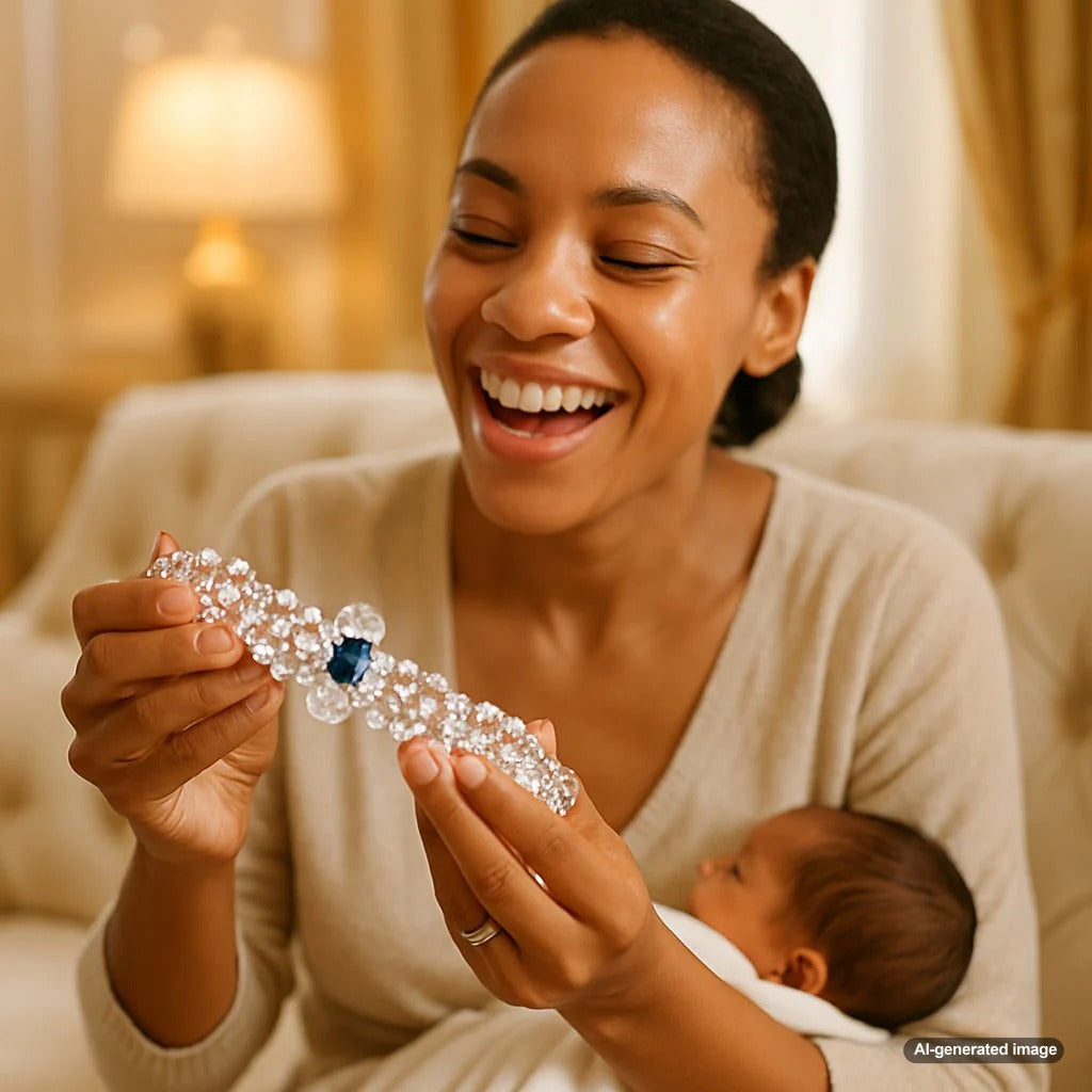 Elegant diamond pendant necklace and stackable rings symbolizing the journey of motherhood and family
