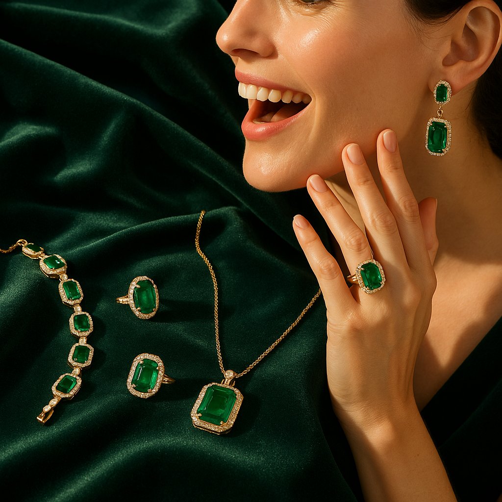 A stunning collection of emerald rings and necklaces from Robinson's Jewelers, showcasing the deep green color of the Queen of Gems.